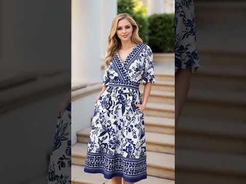 Navy Floral Faux-Wrap Flutter Sleeve Midi Dress