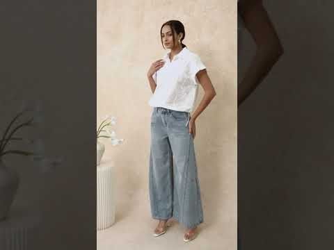 Coconut Tree Embroidered Loose Cotton Shirt in White