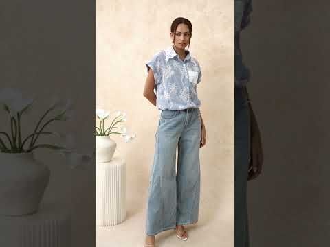Coconut Tree Embroidered Loose Cotton Shirt in Light Blue