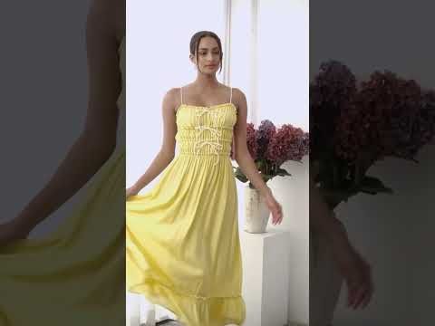 Self-Tie Bowknot Ruffle Cami Midi Dress in Yellow