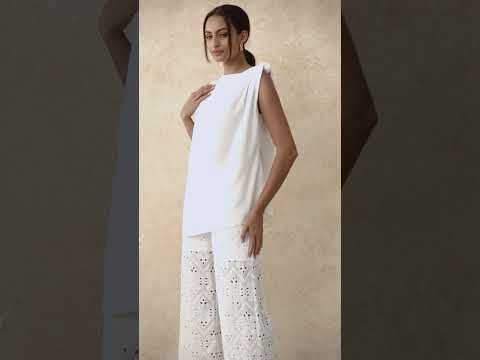 Tile Embroidered Eyelet Cotton Pants in White
