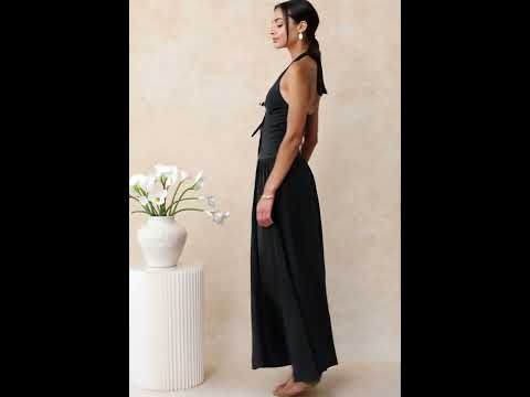 Bow-Tie Shirred Back Maxi Halter Dress in Black