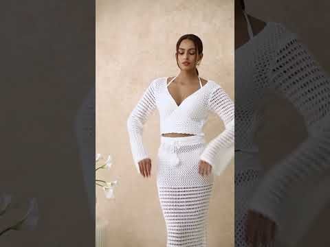 Tie-Knot Open-Knit Crochet Wrap Top and Maxi Skirt Set in White
