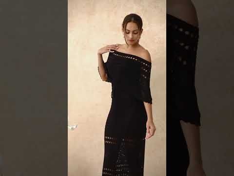 Off-Shoulder Open-Knit Crochet Twinset Dress in Black