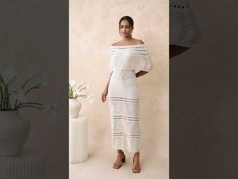 Off-Shoulder Open-Knit Crochet Twinset Dress in Sand