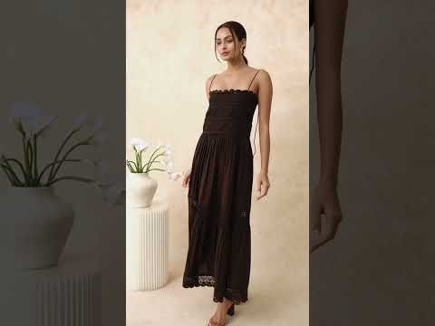 Lace Crochet Inserted Cami Midi Dress in Chocolate