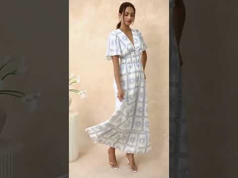 Sun Grid Printed V-Neck Shirred Maxi Dress
