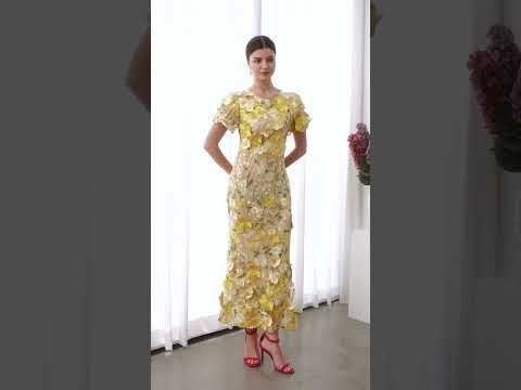 3D Floral Applique Mesh Tulle Mermaid Maxi Dress in Yellow