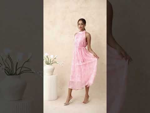 Abstract Printed Crinkled Halter Midi Dress in Pink