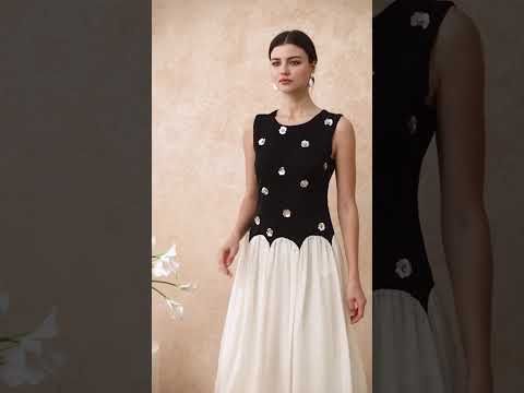 Sequined Flower Organza Spliced Sleeveless Midi Dress
