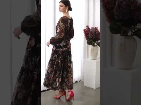 Peony Printed Ruffle Lantern Sleeve Maxi Dress in Black