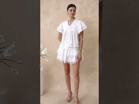 Lace Panel Pintuck Top and Tiered Mini Skirt Set in White