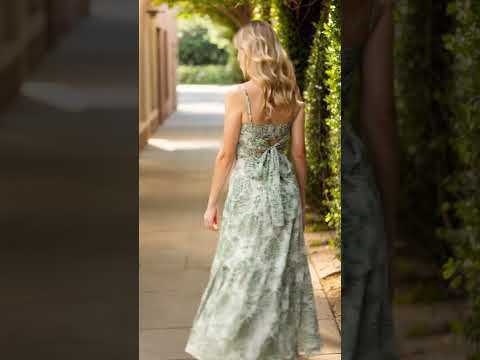 Green Damask Printed Tie-Back Cami Dress