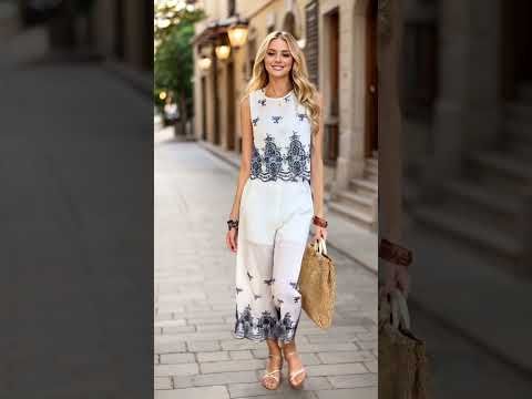 Tile-Inspired Embroidery Sleeveless Top and Pants Set in Navy