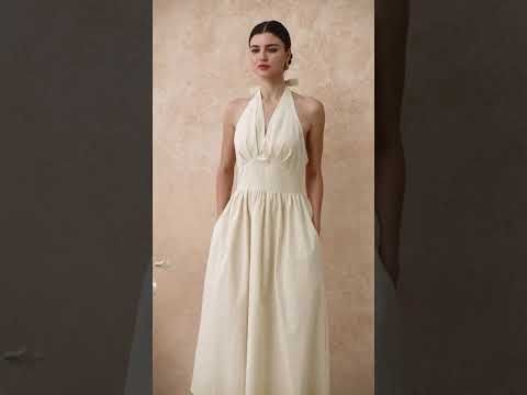 Vintage-Inspired Self-Tie Halter Neck Cotton Dress in Light Yellow