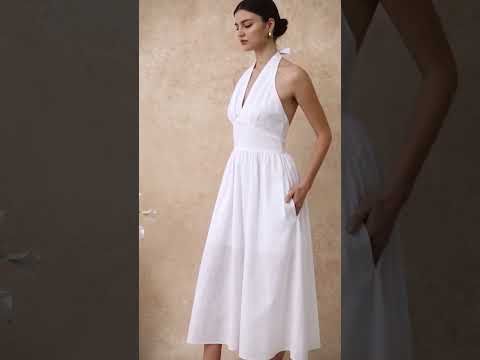 Vintage-Inspired Self-Tie Halter Neck Cotton Dress in White