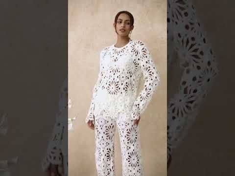 Floral Cutwork Crochet Long-Sleeve Asymmetric Top
