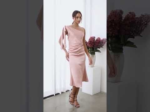 Asymmetric Bow-Tie Shoulder Ruched Waist Satin Dress in Pink