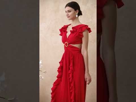 Cascade Ruffle O-Ring Tie-Back Maxi Dress in Red