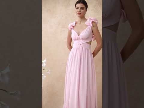 Lace-Up Back Ruffle Cut Out Chiffon Gown in Pink