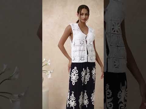 Crochet Square Cutwork Button-Front Vest in White
