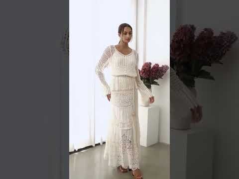 Artistry Floral Embroidered Crochet Maxi Skirt in Sand
