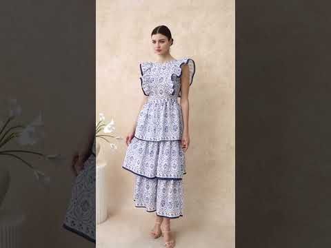 Open Back Ruffle Floret Tile Printed Sleeveless Dress