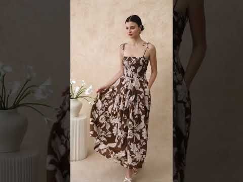 Blurry Floral Printed Shirred Cami Dress in Brown
