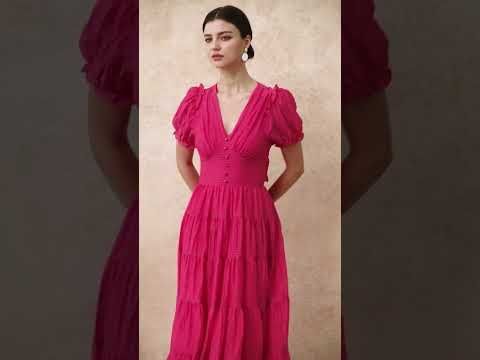 V-Neck Tie-Back Embossed Tiered Dress in Hot Pink