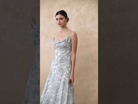 Blue Damask Drape Neck Asymmetric Chiffon Dress