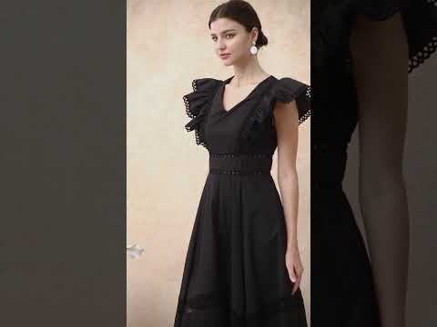 Flattering Lace Inserted Asymmetric Maxi Dress in Black