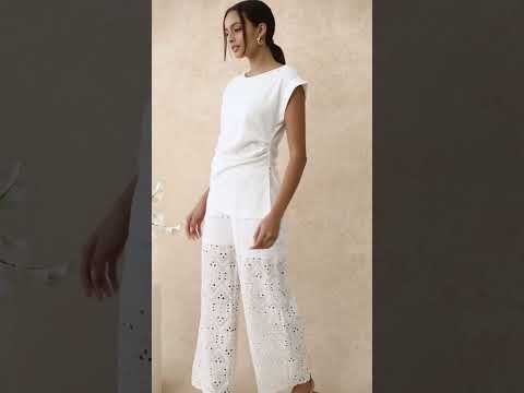 Braided Neckline Pleated Fitted Waist Top in White
