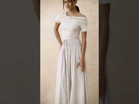 Self-Tie Shirred Waist Crinkle Skirt in Taupe