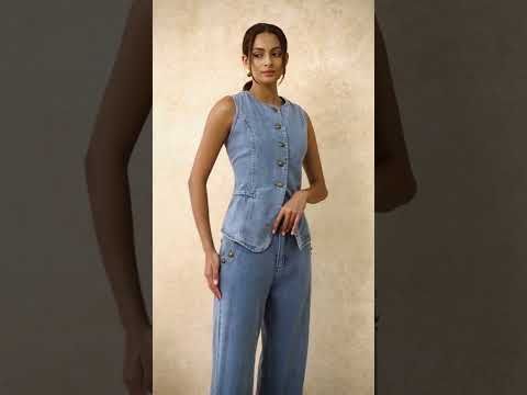 Fake Welt Pocket Button-Up Denim Vest in Blue