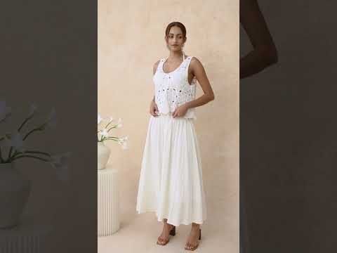 Self-Tie Shirred Waist Crinkle Skirt in Ivory