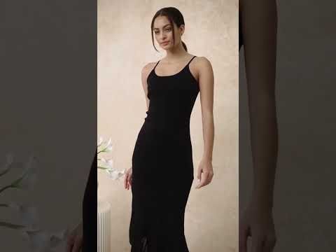 Semi-Sheer Mesh-Panel Knit Cami Maxi Dress in Black