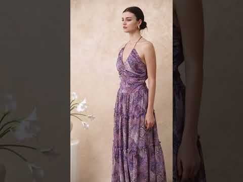 Boho Tile Drawstring Halter Neck Chiffon Dress