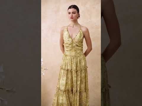 Abstract Paisley Drawstring Halter Neck Chiffon Dress