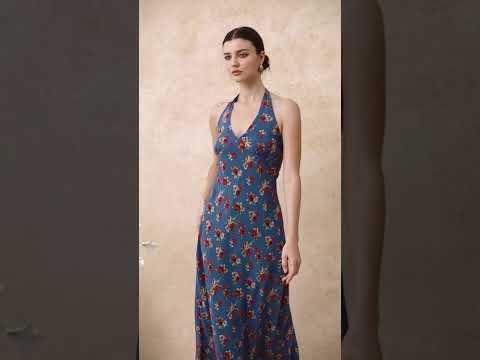 Rose Printed Open Back Halter Neck Dress in Navy
