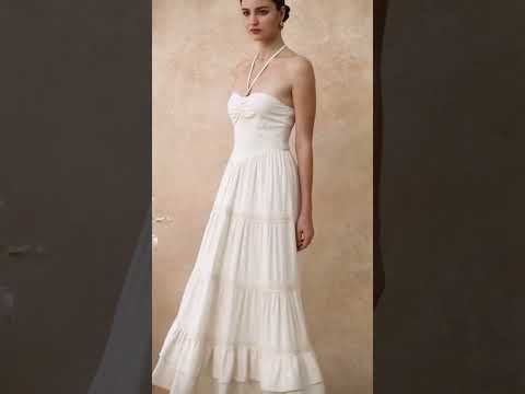 Resin Bead Halter Neck Lace Panel Tiered Dress in Ivory