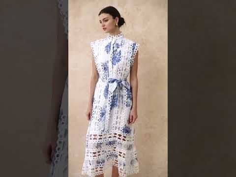 Blue Hydrangea Printed Cutwork Lace Trim Sleeveless Midi Dress