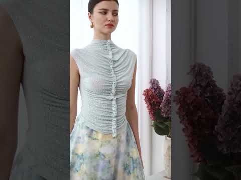 Rhinestone Decor Double-Layered Mesh Ruffle Sleeveless Top in Mint
