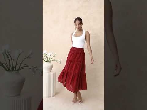 Floral Vine Embroidered Tiered Cotton Skirt in Red