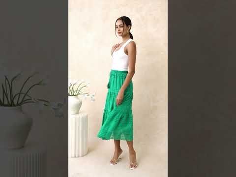 Floret Embroidered Eyelet Cotton Midi Skirt in Dark Green