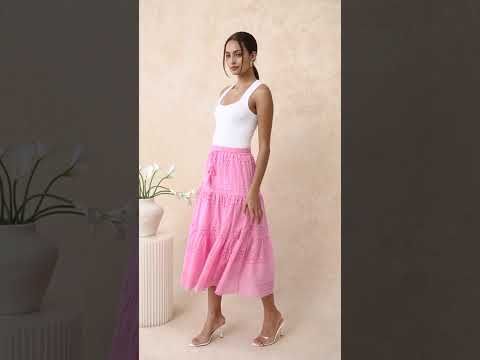 Floret Embroidered Eyelet Cotton Midi Skirt in Hot Pink