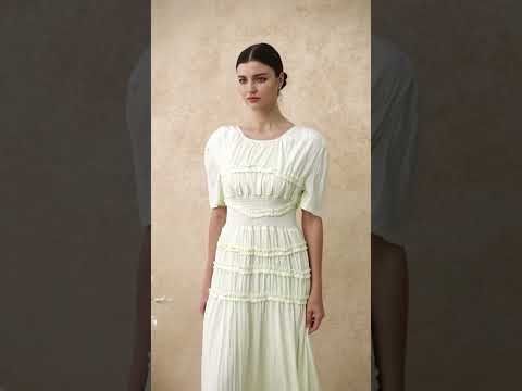 Ruffle Accent Short Sleeve Shirred Maxi Dress in Light Yellow