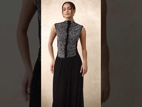 Rhinestone Decor Double-Layered Mesh Ruffle Sleeveless Top in Black
