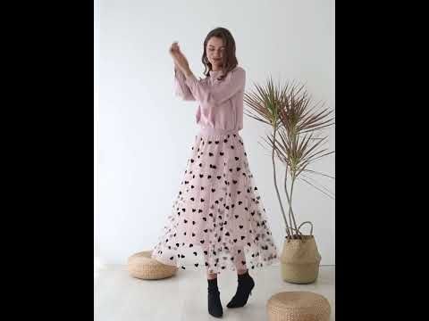 3D Heart Double-Layered Mesh Maxi Skirt in Blush Pink