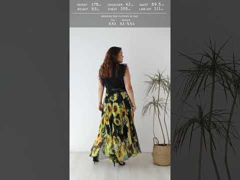 Blooming Sunflower Watercolor Maxi Skirt in Black