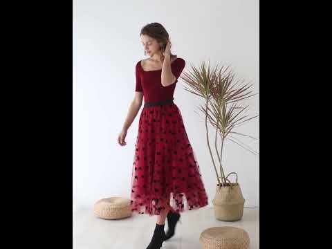 3D Heart Double-Layered Mesh Maxi Skirt in Red